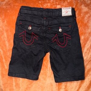 True Religion Black Denim Shorts with Red Pocket Stitching